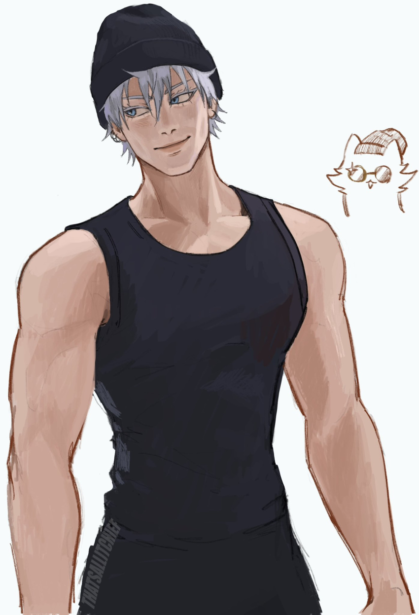 1boy, akutami_gege_(avatar), bare_arms, beanie, black_headwear, black_pants, black_tank_top, blue_eyes