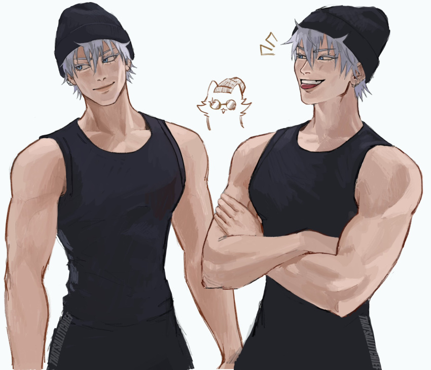 1boy, :p, akutami_gege_(avatar), bare_arms, beanie, black_headwear, black_pants, black_tank_top