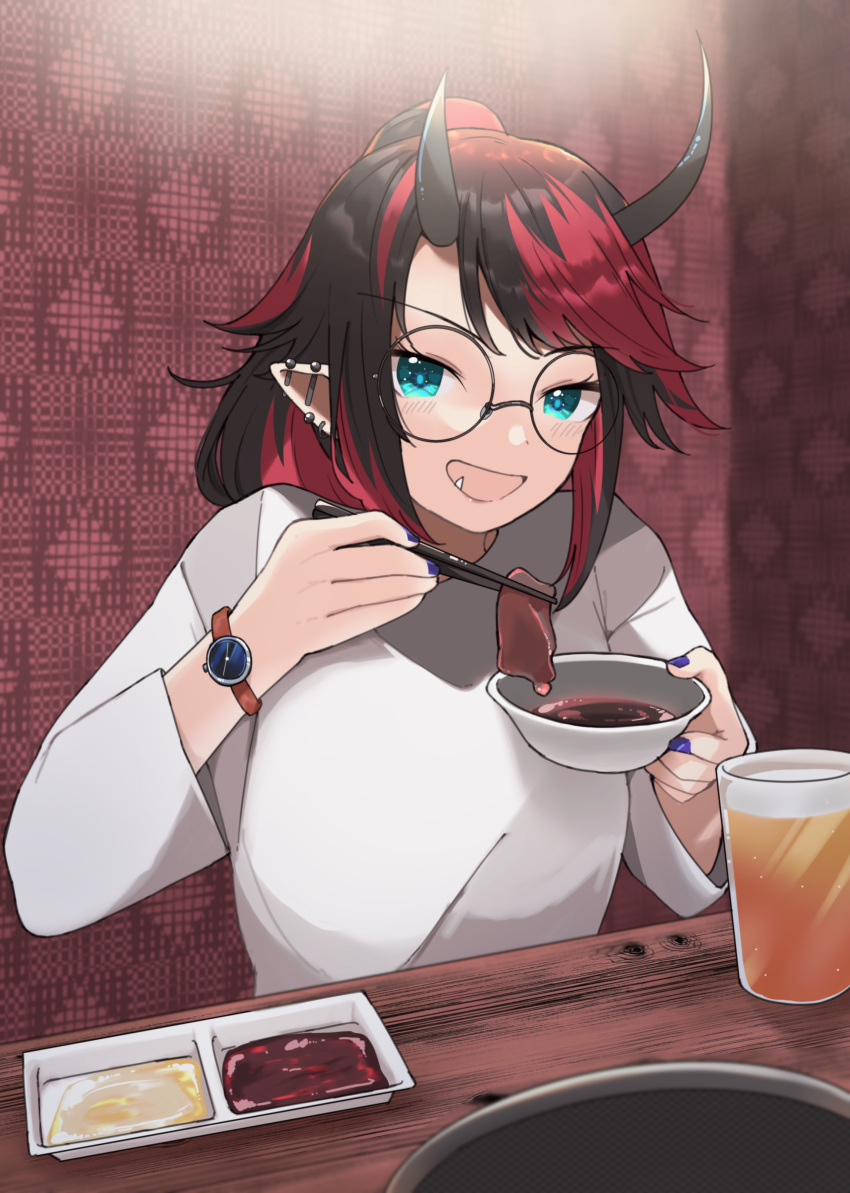 1girl, absurdres, alcohol, alternate_costume, alternate_hairstyle, beer, black-framed_eyewear, black_hair