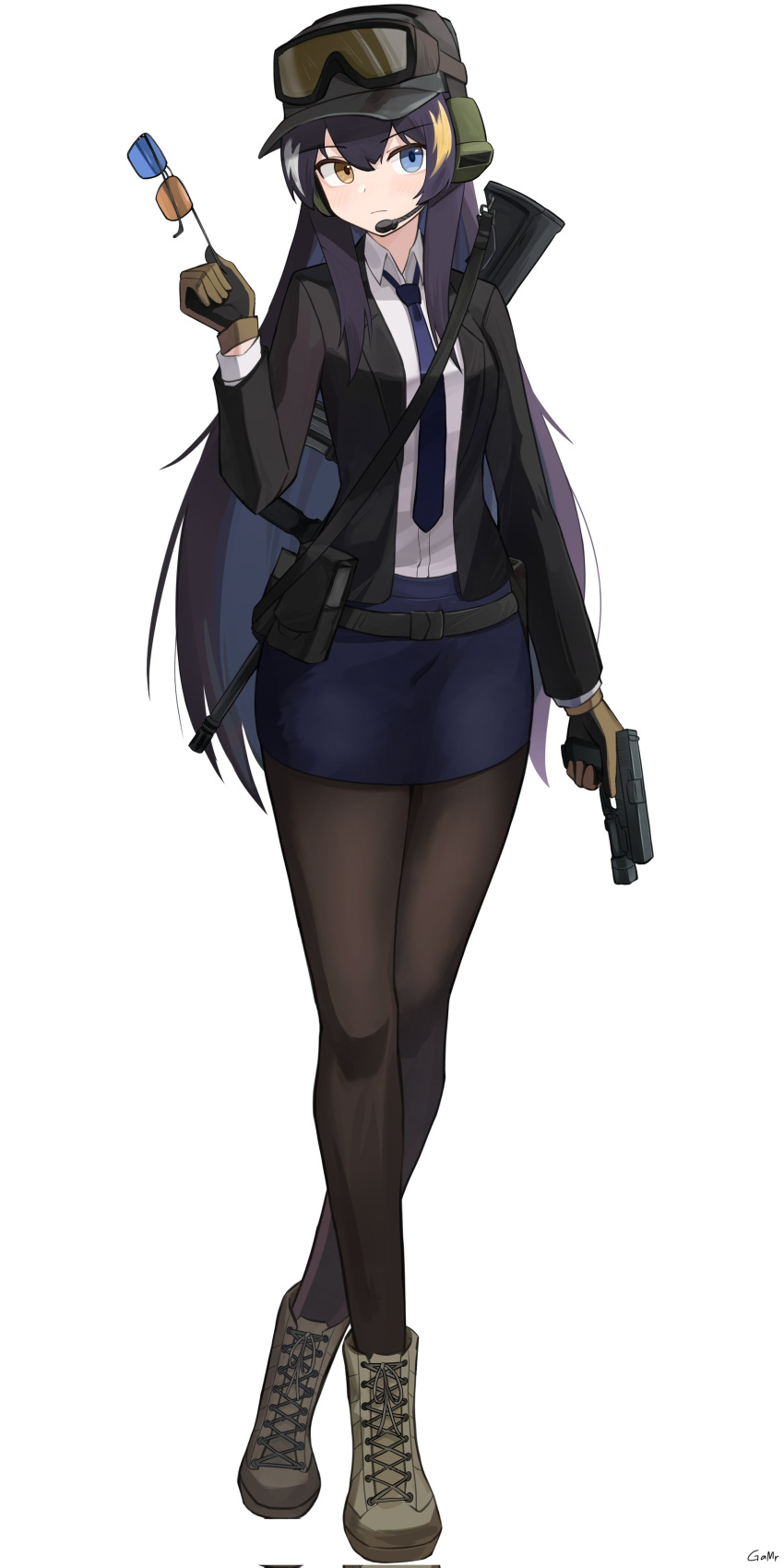 1girl, absurdres, alina_svard_kovalenko_(laotianaviator), black_jacket, blue-tinted_eyewear, blue_necktie, blue_skirt, boots, brown-tinted_eyewear, closed_mouth, collared_shirt, commentary, commission, cross-laced_footwear, english_commentary, eyewear_removed, full_body, gamryous, glock, gloves, goggles, goggles_on_headwear, grey_footwear, grey_headwear, gun, gun_on_back, gun_sling, hair_between_eyes, handgun, hat, headset, heterochromatic_eyewear, heterochromia, highres, holding, holding_removed_eyewear, jacket, lace-up_boots, long_hair, long_sleeves, multicolored_hair, necktie, office_lady, open_clothes, open_collar, open_jacket, original, pantyhose, patrol_cap, pencil_skirt, purple_hair, rifle, shirt, simple_background, skirt, solo, suit_jacket, sunglasses, tachi-e, tinted_eyewear, weapon, weapon_on_back, white_background, white_shirt
