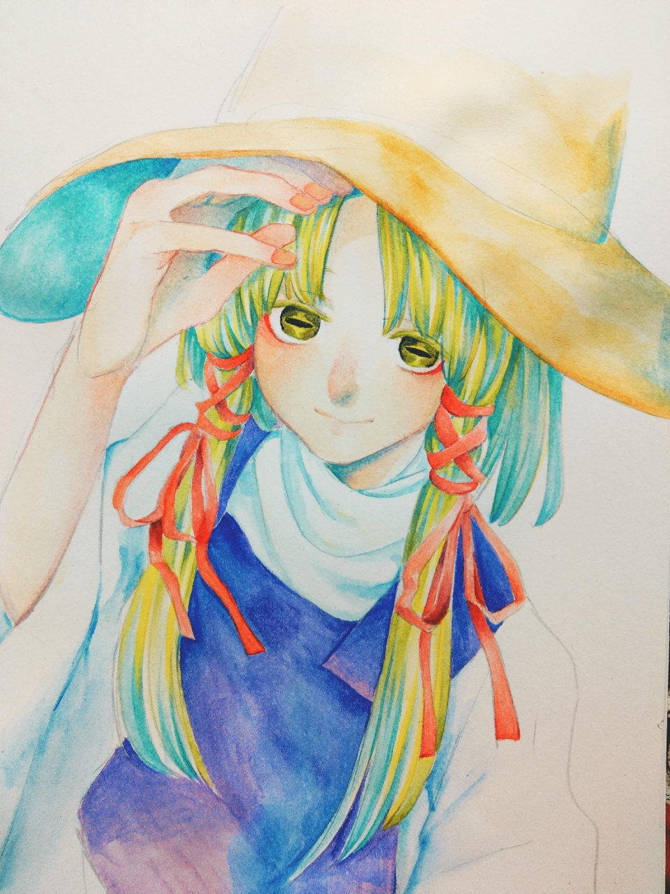 1girl, blonde_hair, blush, bow, brown_headwear, frog_girl, hair_bow, hand_on_headwear