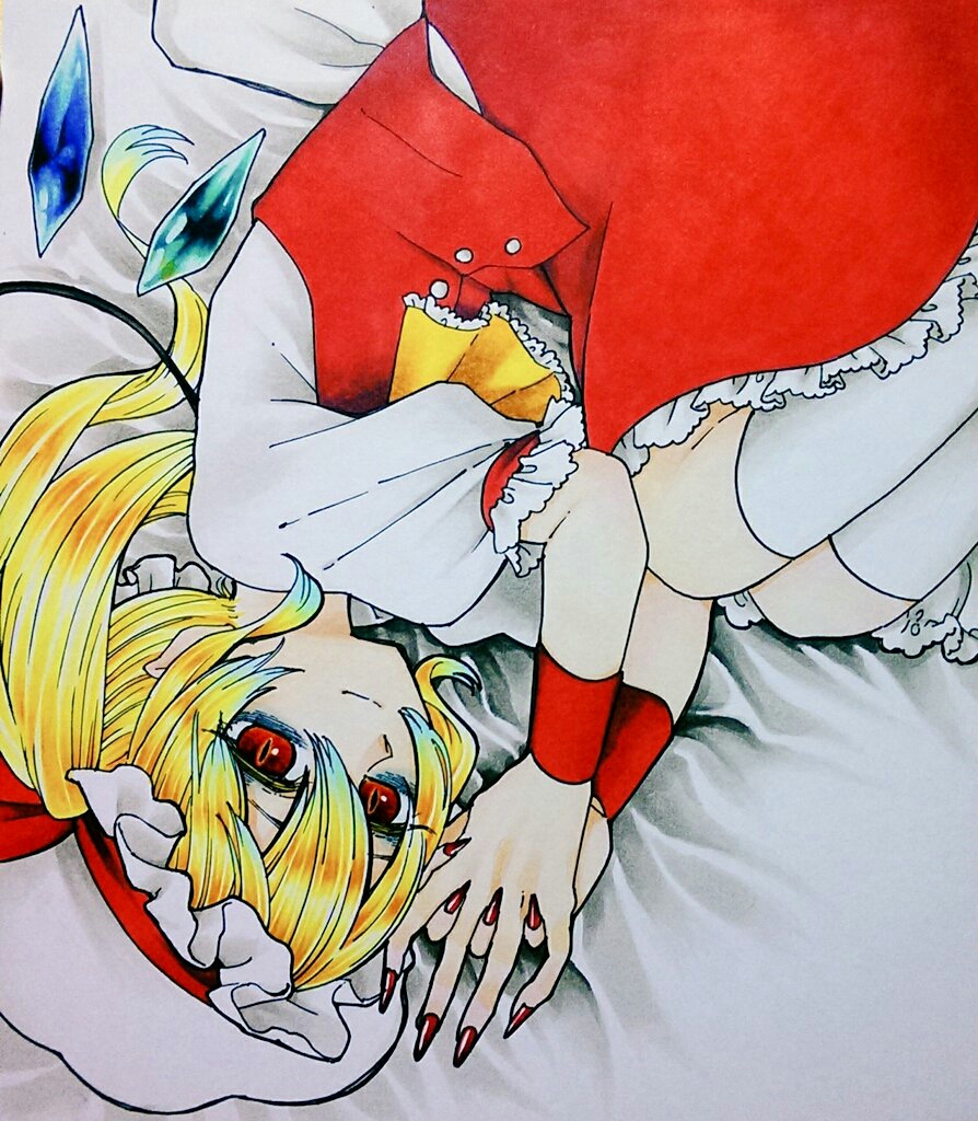 1girl, bags_under_eyes, bed_sheet, blonde_hair, blue_gemstone, buttons, collared_shirt, fetal_position