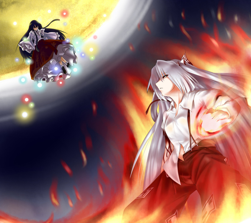 akudato, battle, blood, danmaku, fire, flame, fujiwara_no_mokou, highres, houraisan_kaguya, moon, multiple_girls, night, night_sky, sky, touhou