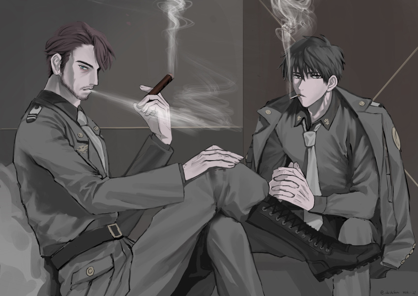 2boys, absurdres, black_hair, blue_eyes, bonbonboon, brown_eyes, brown_hair, cigar