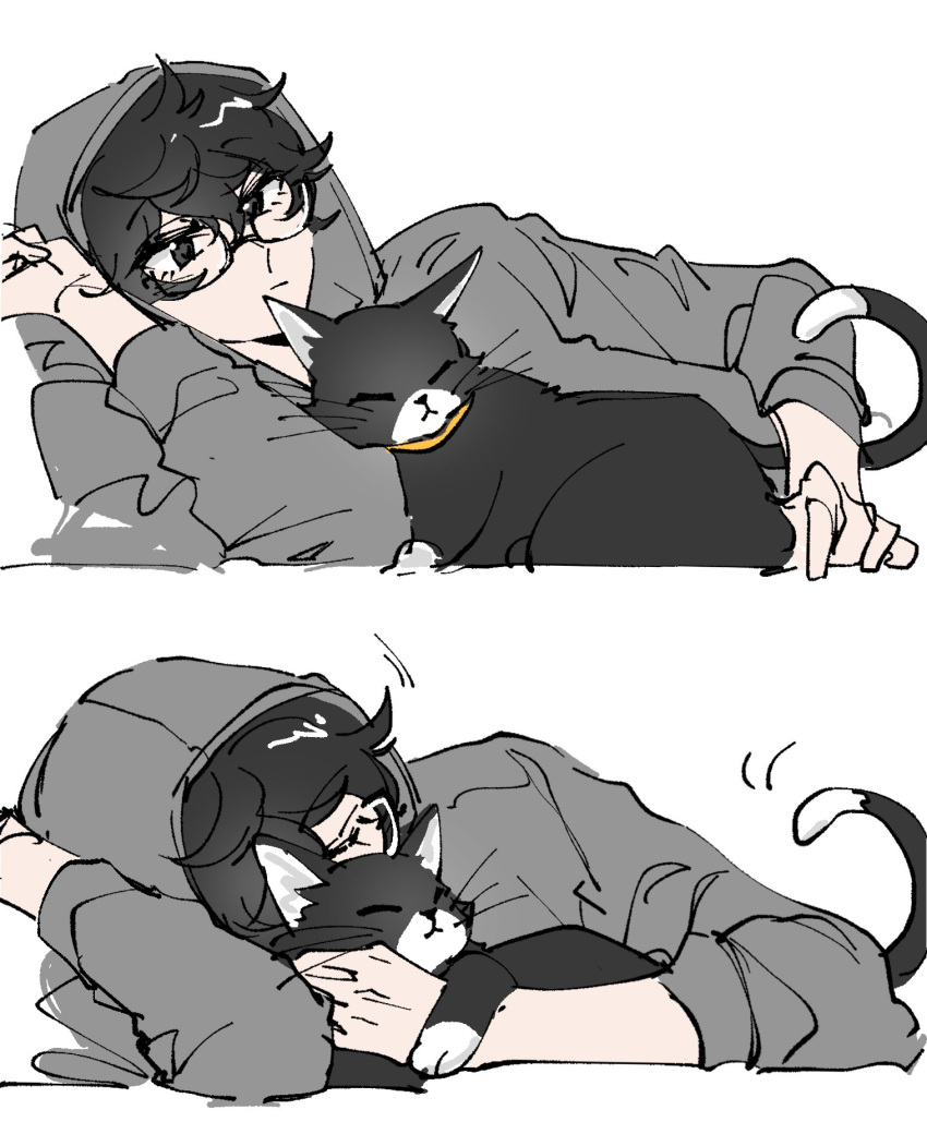 1boy, amamiya_ren, black_cat, black_eyes, black_hair, cat, catrom_nya, cuddling