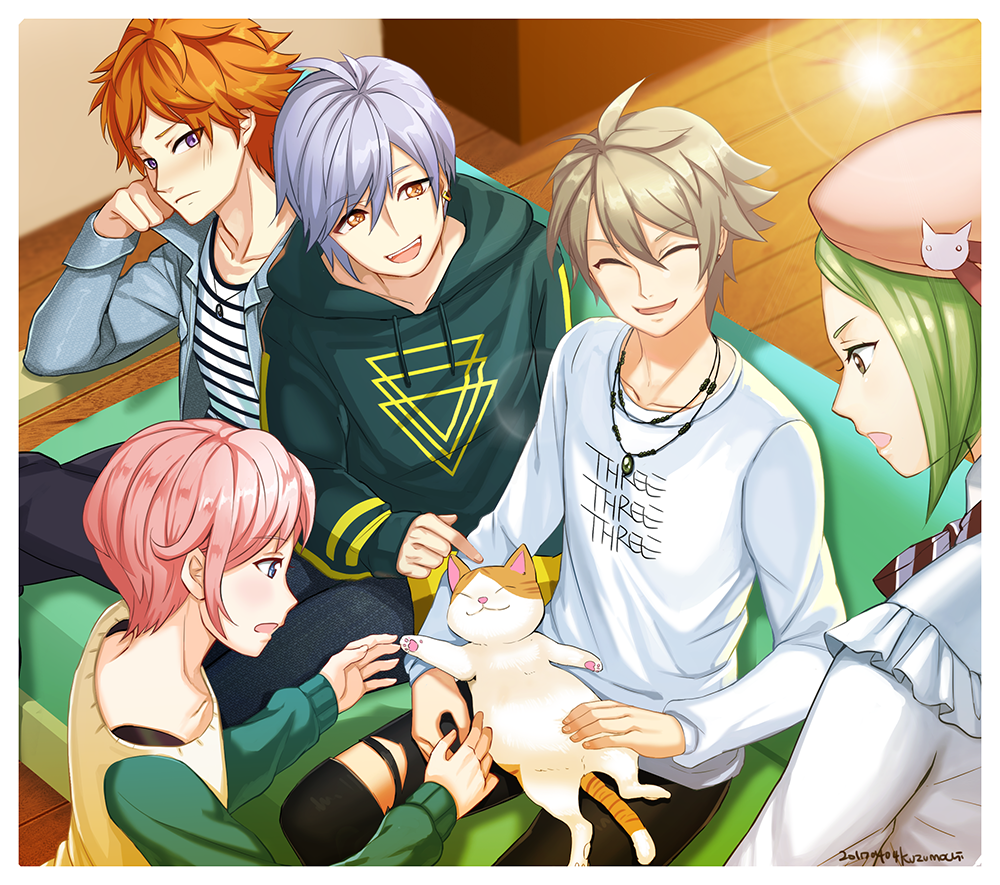 5boys, :d, ^_^, a3!, animal_on_lap, beret, black_pants, blue_eyes