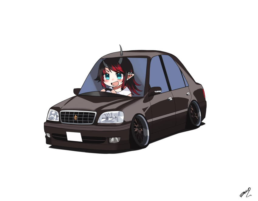 1girl, :d, black_hair, blue_eyes, blush, car, chibi, commentary_request