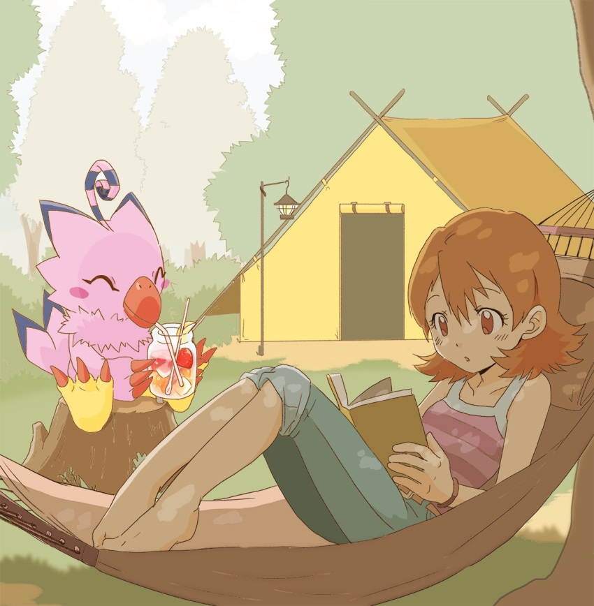 1girl, barefoot, belt, bird, book, brown_belt, closed_eyes, denim