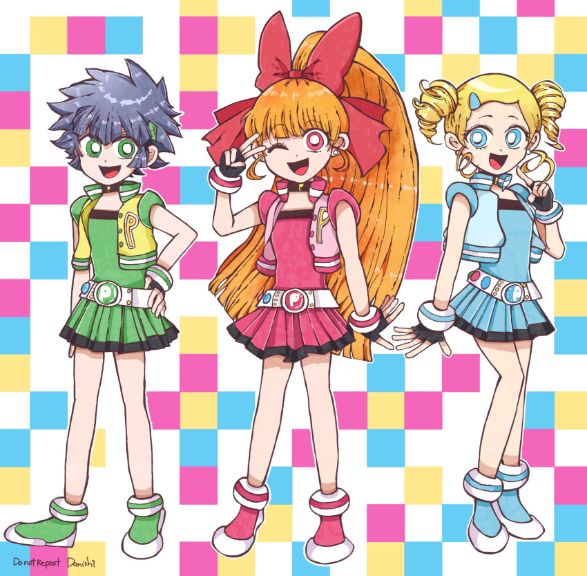 3girls, akazutsumi_momoko, artist_name, belt, black_collar, black_gloves, black_hair, blonde_hair