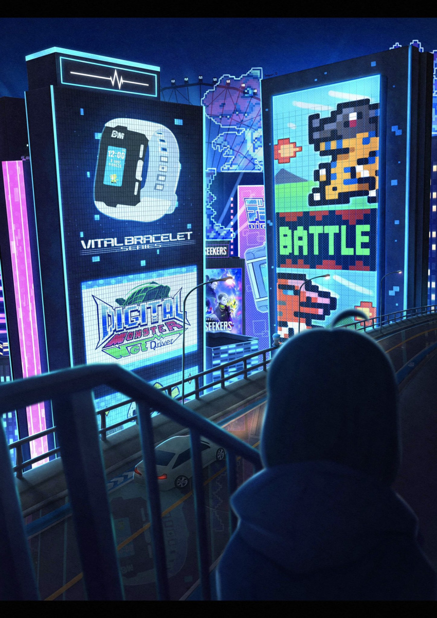 blue_eyes, bracelet, building, car, city, cyberpunk, digimon, dinosaur