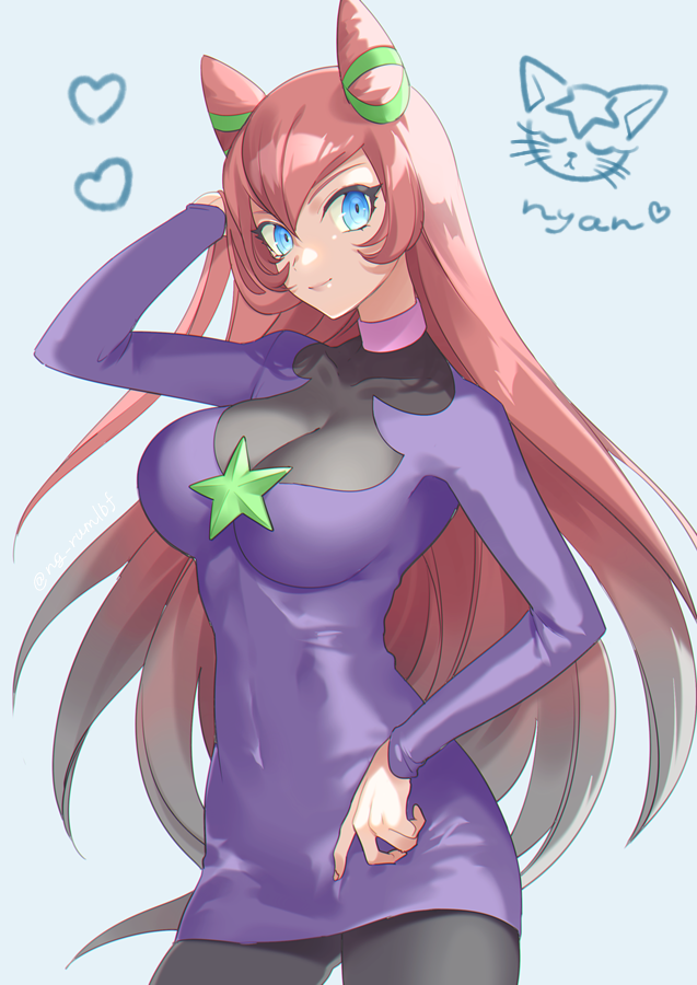 1girl, black_pantyhose, blue_eyes, breasts, cleavage_cutout, clothing_cutout, double_bun, dress, gradient_hair, hair_bun, hand_in_own_hair, long_hair, long_sleeves, looking_at_viewer, multicolored_hair, nogi_(ng_rumlbf), nyandestar_(yu-gi-oh!), pantyhose, purple_dress, redhead, short_dress, smile, solo, star_(symbol), yu-gi-oh!, yu-gi-oh!_go_rush!!