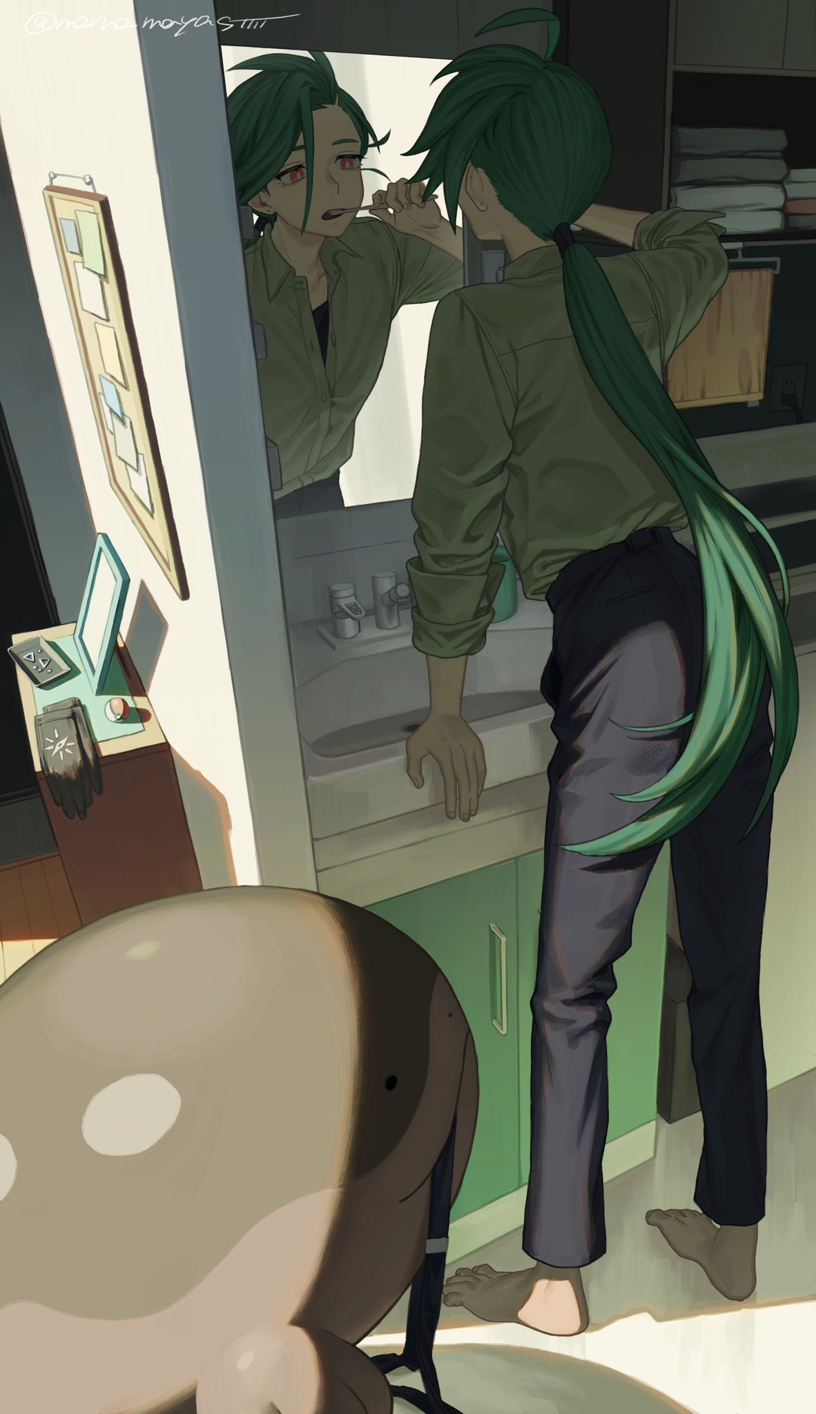 1girl, ahoge, androgynous, artist_name, barefoot, bathroom, black_pants, bright_pupils, brushing_teeth, bulletin_board, clodsire, collared_shirt, commentary, day, facing_away, from_behind, full_body, gloves, gloves_removed, green_hair, highres, holding, holding_toothbrush, indoors, long_hair, low_ponytail, mame_moyashi, mirror, morning, mouth_hold, open_mouth, pants, piercing_removed, poke_ball, pokemon, pokemon_(creature), pokemon_(game), pokemon_sv, red_eyes, reflection, rika_(pokemon), shirt, shirt_tucked_in, signature, sink, solo, standing, suspenders_removed, swept_bangs, toothbrush, towel, white_pupils