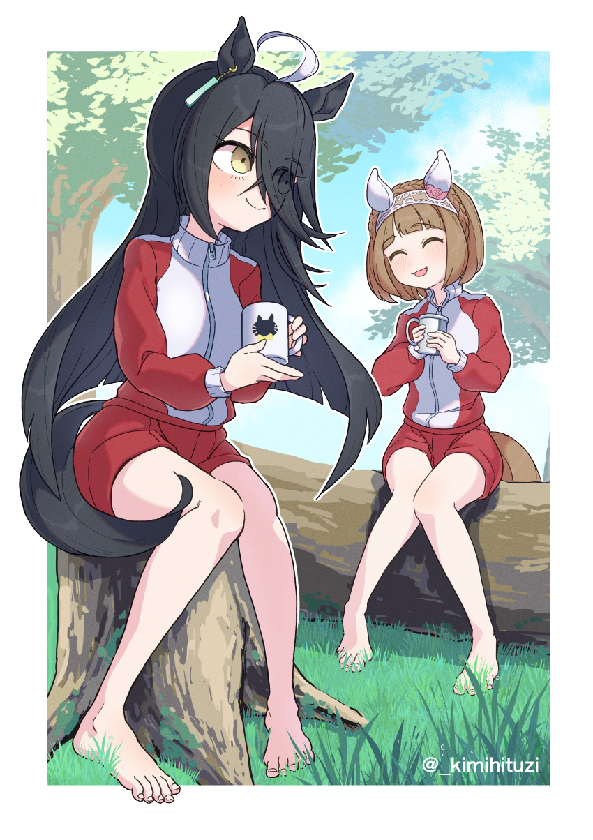 2girls, absurdres, barefoot, black_hair, braid, brown_hair, closed_eyes, closed_mouth, crown_braid, grass, headband, highres, horse_girl, jacket, kimihitsuji, long_hair, manhattan_cafe_(umamusume), multiple_girls, open_mouth, shorts, sitting, sky, smile, tracen_training_uniform, track_jacket, tree, umamusume, yukino_bijin_(umamusume)