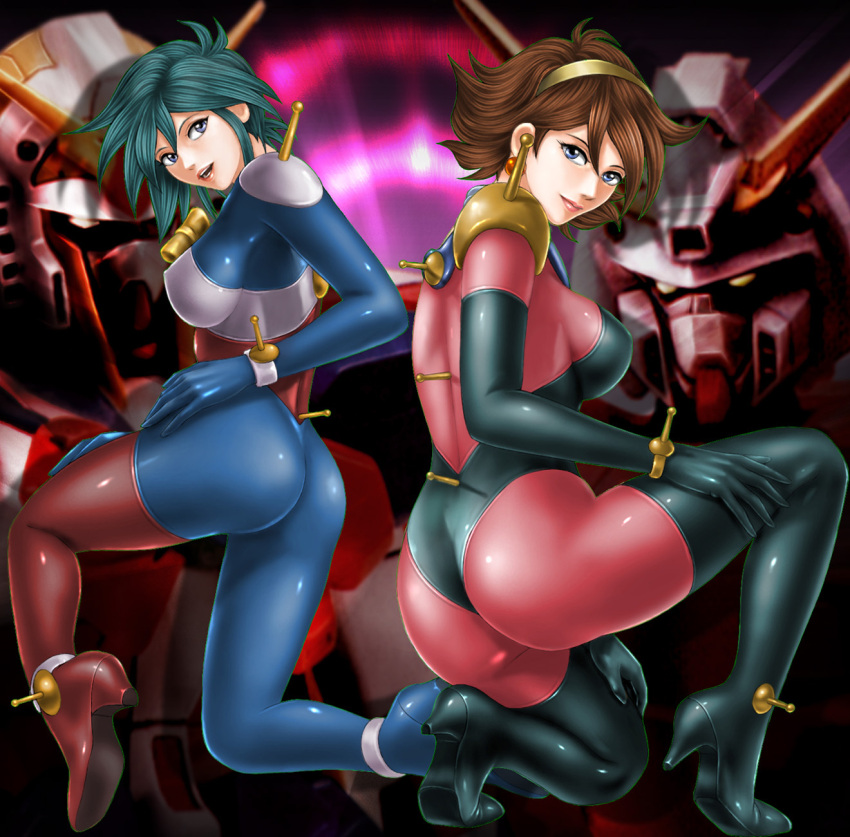 allenby_beardsley, ass, blue_eyes, blue_hair, bodysuit, brown_hair, earrings, g_gundam, gundam, highres, jewelry, mecha, mobile_trace_suit, nobel_gundam, rain_mikamura, rising_gundam, short_hair, toten_(artist)
