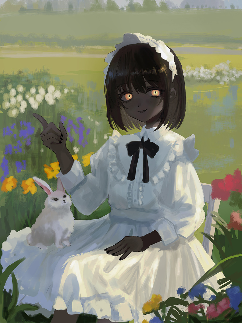 1girl, akai_ringo_(eveyuno), animal, animal_on_lap, black_hair, blush, center_frills, collared_dress