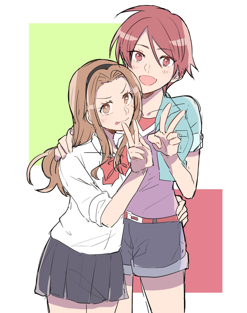 2girls, absurdres, belt, black_shorts, black_skirt, brown_eyes, brown_hair, digimon, fujieda_yoshino, gotm_tknr, hand_around_waist, hand_on_another's_shoulder, highres, long_hair, looking_at_viewer, multiple_girls, open_mouth, pink_eyes, pink_hair, red_belt, shirt, short_hair, shorts, skirt, tachikawa_mimi, v, white_shirt