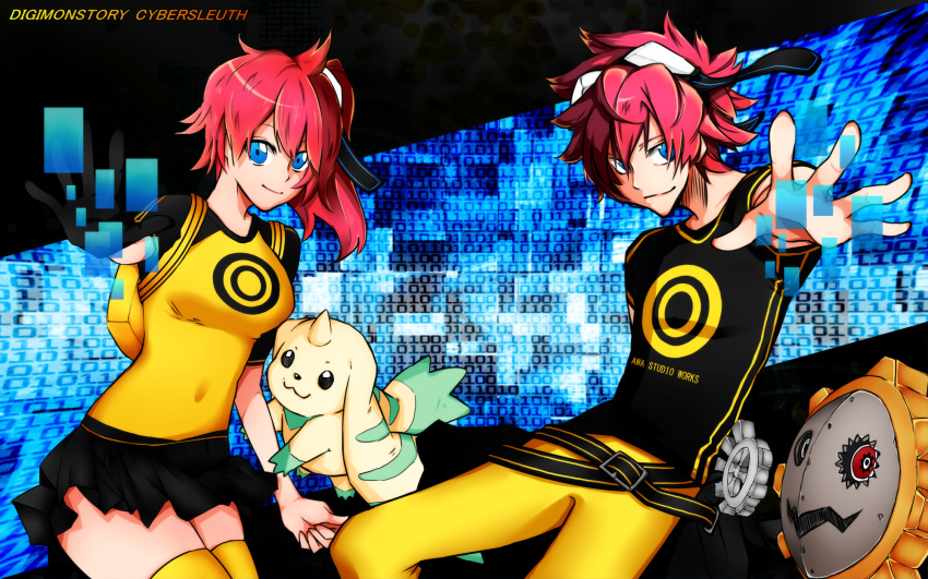1boy, 1girl, 2others, aiba_ami, aiba_takumi, black_gloves, black_shirt, black_skirt