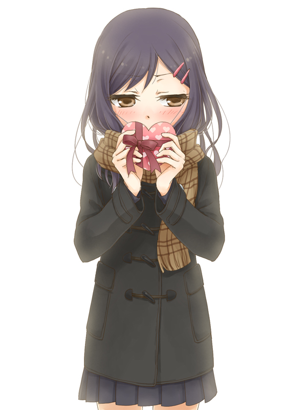 1girl, black_hair, blush, box, brown_eyes, coat, commentary_request, covering_mouth
