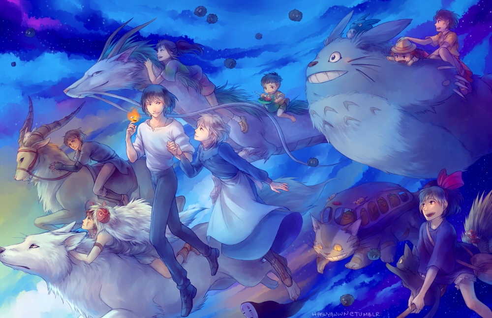 6+girls, blue_sky, blue_theme, brown_footwear, calcifer, cat, character_request, crossover