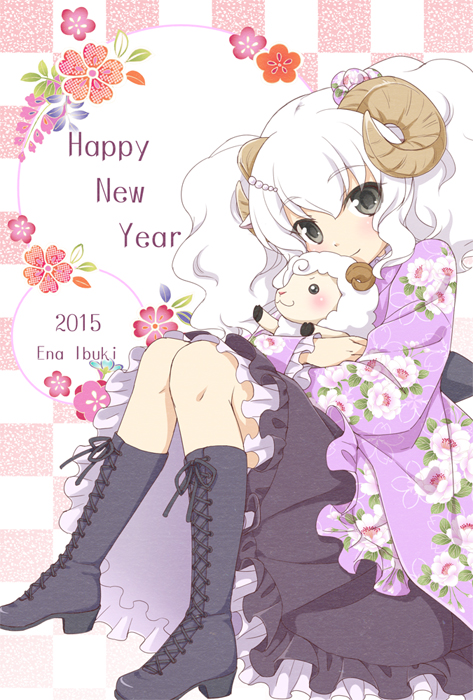 1girl, 2015, artist_name, black_eyes, blush, boots, checkered_background, chinese_zodiac