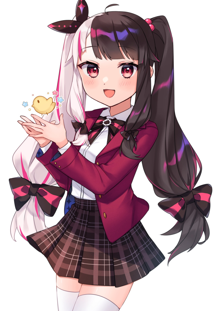 1girl, animal, bird, black_hair, blunt_bangs, blush, bow, bowtie