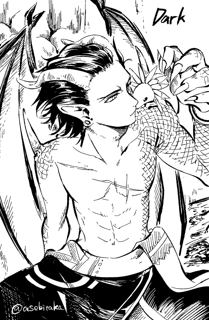1boy, arc_the_lad, arc_the_lad_twilight_of_the_spirits, character_name, claws, closed_mouth, creature, darc_(arc_the_lad), demon_boy, earrings, greyscale, haiki_(takaibone), highres, horns, jewelry, male_focus, monochrome, scales, scar, topless_male, twitter_username, wings