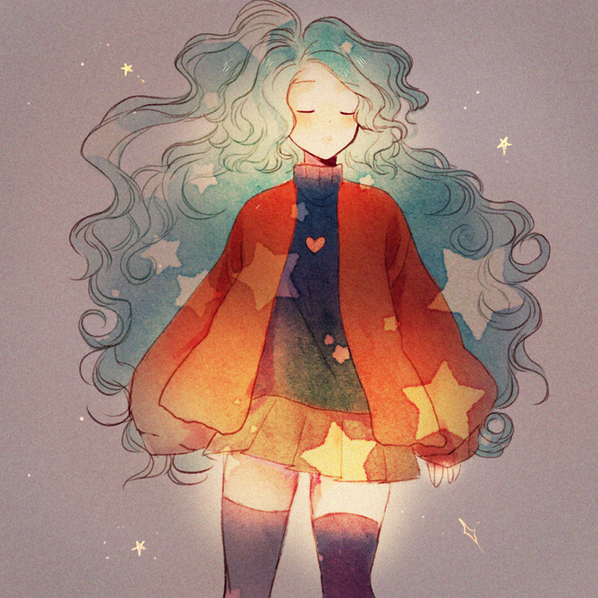 1girl, black_sweater, black_thighhighs, blue_hair, closed_eyes, commentary, english_commentary, floral_print
