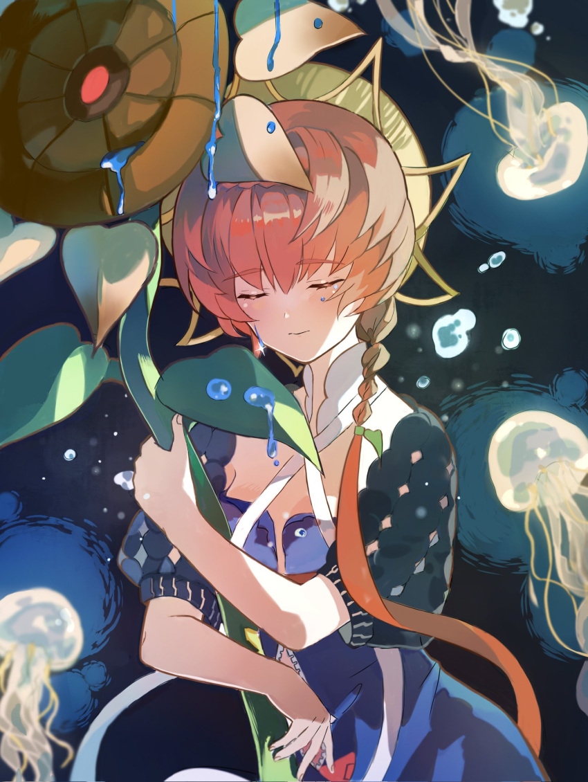 1girl, air_bubble, blue_overalls, blush, braid, breasts, brown_hair, bubble