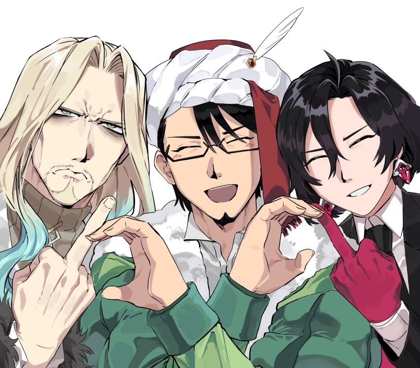 3boys, :d, ^_^, aqua_eyes, bags_under_eyes, beard, black_hair, black_jacket, black_necktie, blonde_hair, blue_hair, brown_sweater, closed_eyes, closed_mouth, collared_shirt, constantine_xi_(fate), curtained_hair, earrings, facial_hair, facing_viewer, false_smile, fate/grand_order, fate_(series), fur-trimmed_jacket, fur_trim, glasses, gloves, goatee, gradient_hair, green_jacket, grin, hair_between_eyes, hat_feather, heart_hands_failure, highres, hunyangzi, jacket, jewelry, long_hair, looking_at_viewer, male_focus, mature_male, mehmed_ii_(fate), middle_finger, multicolored_hair, multiple_boys, mustache, necktie, parted_bangs, red_gloves, sanpaku, shirt, short_hair, simple_background, smile, sweater, swept_bangs, turban, turtleneck, turtleneck_sweater, unamused, upper_body, vlad_iii_(fate/apocrypha), white_background, white_shirt