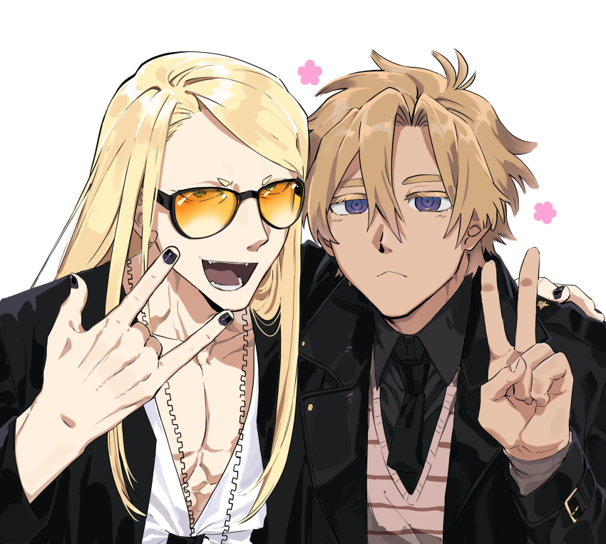 2boys, :<, :d, \m/, abs, arm_around_shoulder, black_jacket, black_nails, black_necktie, black_shirt, blonde_hair, brown_sweater_vest, collared_shirt, colored_eyelashes, curtained_hair, daybit_sem_void, fangs, fate/grand_order, fate_(series), flower_(symbol), green_eyes, hair_between_eyes, highres, hunyangzi, jacket, jewelry, jitome, light_blush, long_hair, looking_at_viewer, male_focus, multiple_boys, necklace, necktie, open_clothes, open_jacket, orange-tinted_eyewear, pectoral_cleavage, pectorals, plunging_neckline, shirt, short_eyebrows, short_hair, simple_background, smile, sunglasses, sweater_vest, swept_bangs, tezcatlipoca_(fate), tinted_eyewear, upper_body, v, violet_eyes, white_background, white_shirt