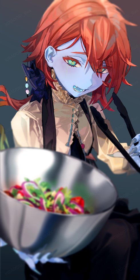 1girl, aqua_eyes, blue_background, blue_skin, blue_tongue, bowl, colored_skin, colored_tongue