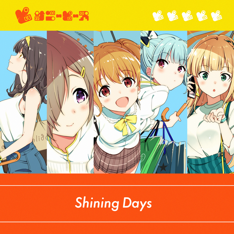 5girls, :c, :d, album_cover, bag, bangs_pinned_back, blonde_hair, blue_hair