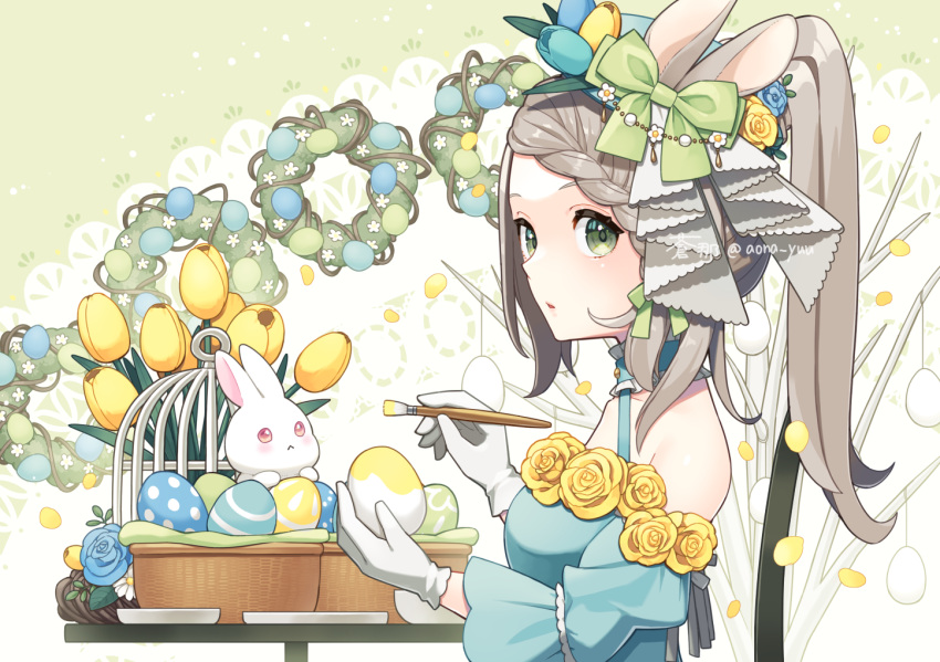 1girl, animal_ears, animal_hat, aona_(noraneko), aqua_dress, aqua_flower, basket, beret
