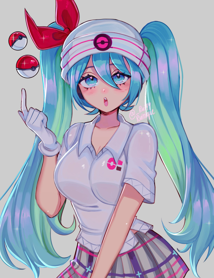 1girl, aqua_eyes, aqua_hair, beanie, collared_shirt, gloves, hair_between_eyes, hair_through_headwear, hat, hatsune_miku, highres, long_hair, looking_at_viewer, open_mouth, pleated_skirt, poke_ball, pokemon, project_voltage, psychic_miku_(project_voltage), ruinique, shirt, skirt, twintails, very_long_hair, vocaloid, white_gloves, white_headwear, white_shirt