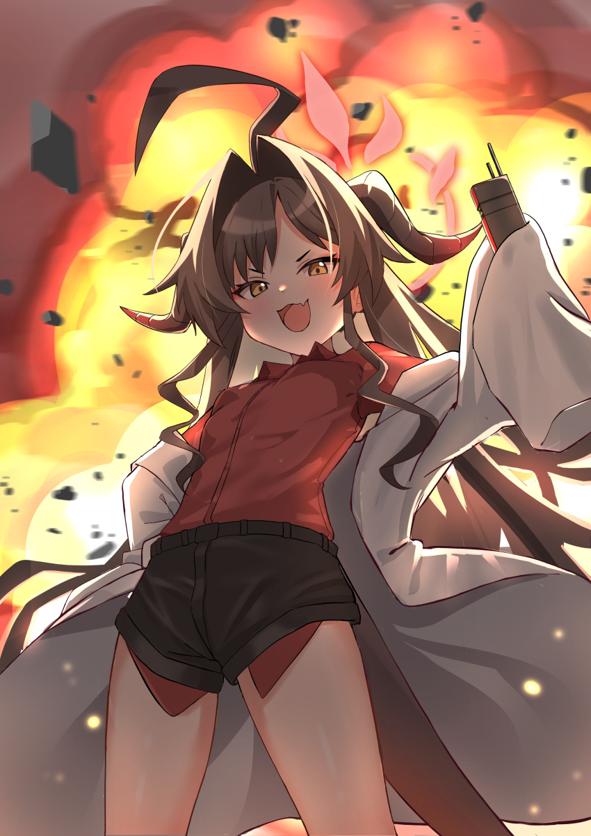 1girl, absurdres, ahoge, black_hair, black_horns, black_shorts, blue_archive, blush