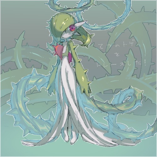 1girl, alternate_hair_length, alternate_hairstyle, arms_at_sides, border, closed_mouth, colored_skin, commentary_request, dot_mouth, expressionless, flat_chest, full_body, gameplay_mechanics, gardevoir, green_background, green_hair, green_skin, green_theme, grey_border, hair_over_one_eye, iron_barbs_(pokemon), looking_to_the_side, lowres, medium_hair, monster_girl, multicolored_skin, one_eye_covered, outline, oyama_yoihaya, partial_commentary, plant, plant_girl, pokemon, pokemon_(creature), pokemon_ability, red_eyes, solo, spikes, standing, thorns, trace_(pokemon_ability), translated, two-tone_skin, vines, white_outline, white_skin