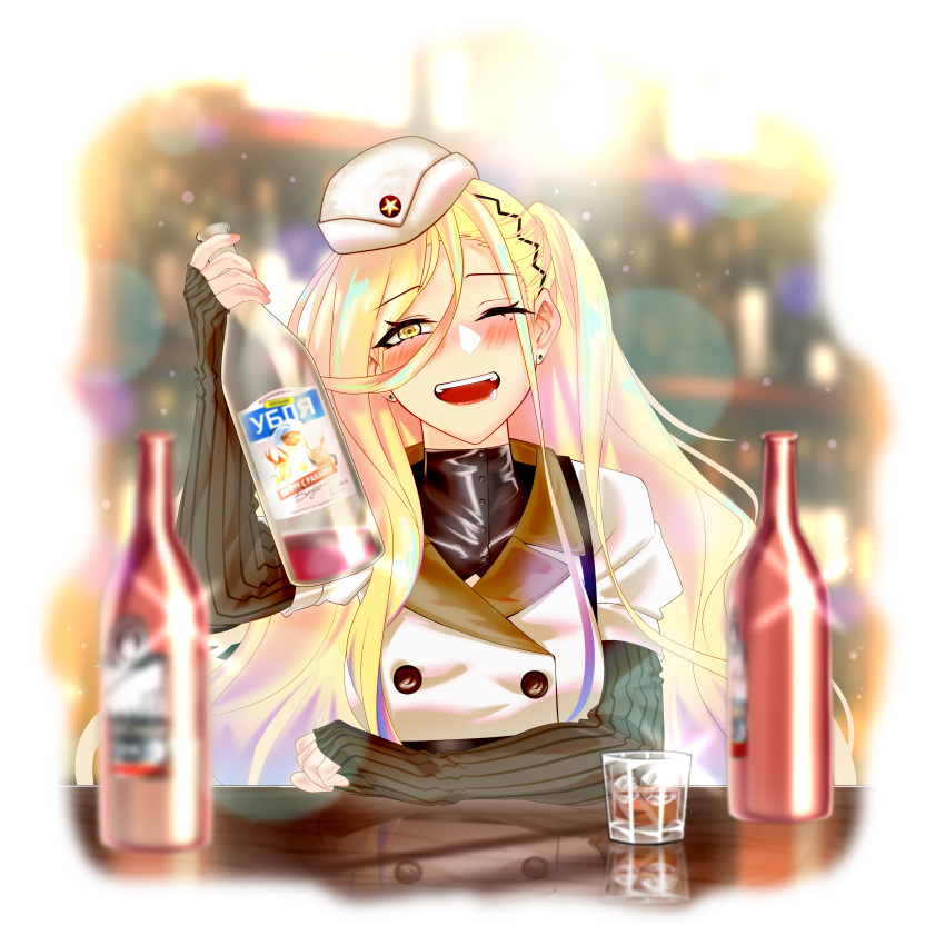 1girl, a-91_(girls'_frontline), absurdres, alcohol, bar_(place), blonde_hair, blurry, blurry_background