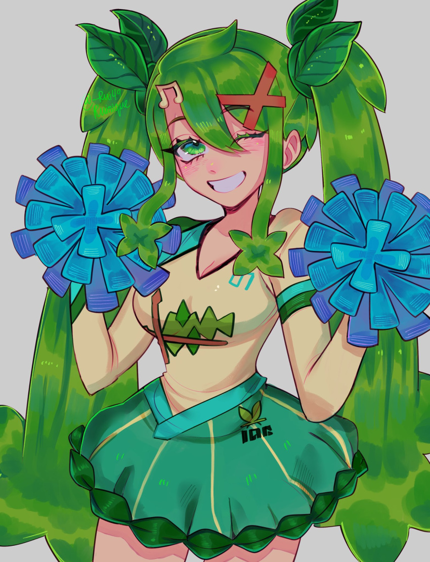 1girl, cheerleader, grass_miku_(project_voltage), green_eyes, green_hair, green_skirt, grin, hair_ornament