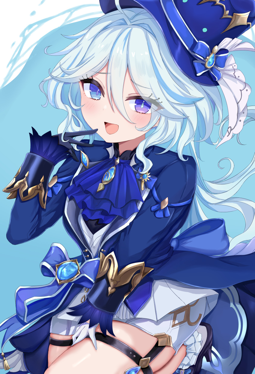 1girl, :d, absurdres, ana_(vvvvor), ascot, asymmetrical_gloves, black_gloves, blue_ascot
