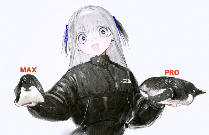 1girl, adelie_penguin, animal, animal_request, bird, black_hair, black_jacket, check_animal