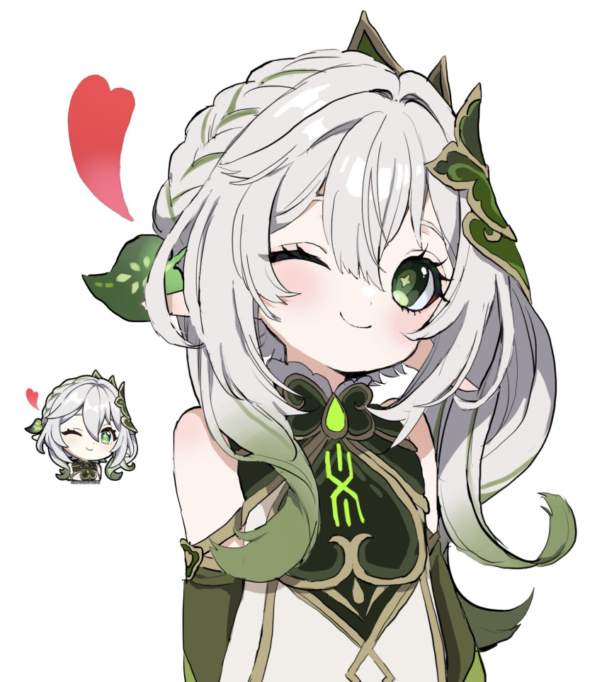 1girl, ;), asymmetrical_hair, bare_shoulders, blush, braid, chibi, closed_mouth