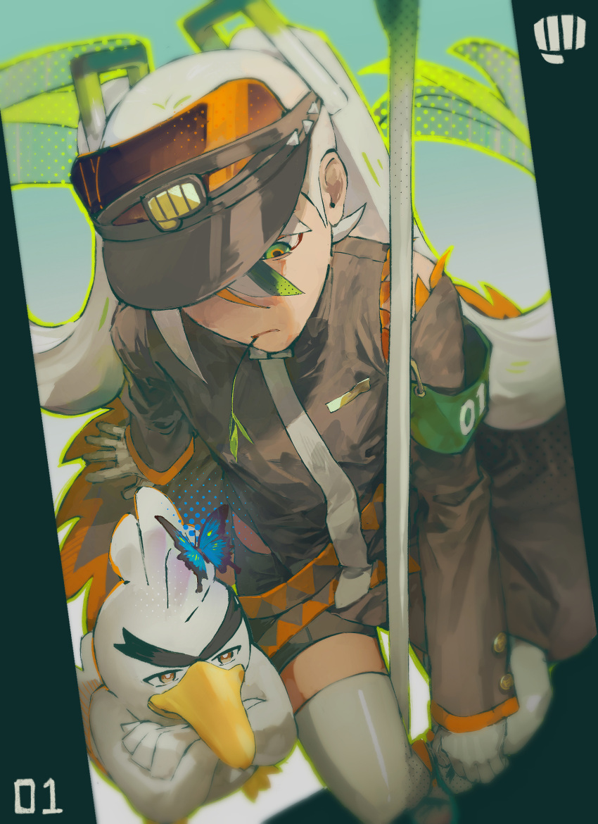 1girl, absurdres, armband, bird, black_dress, black_shorts, blue_butterfly, brown_eyes