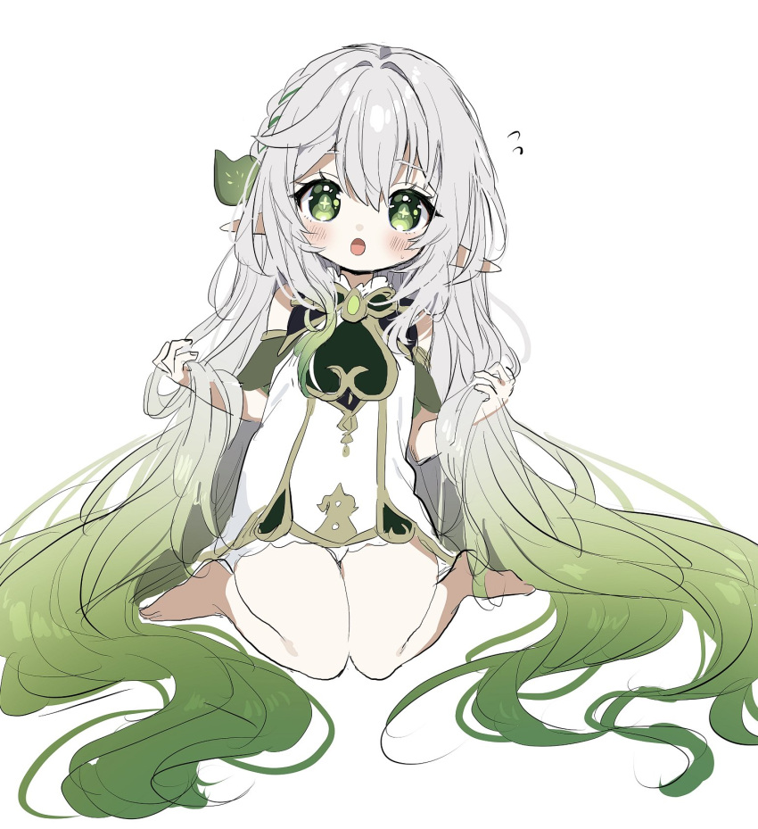 1girl, :o, absurdly_long_hair, alternate_hair_length, alternate_hairstyle, barefoot, bloomers, blush, braid, commentary_request, cross-shaped_pupils, detached_sleeves, dress, eyelashes, flying_sweatdrops, full_body, gem, genshin_impact, gold_trim, gradient_hair, green_dress, green_eyes, green_gemstone, green_hair, green_sleeves, hair_between_eyes, hair_intakes, hair_ornament, hand_in_own_hair, hands_up, highres, hirarinoie, leaf_hair_ornament, long_hair, looking_at_viewer, multicolored_clothes, multicolored_dress, multicolored_hair, nahida_(genshin_impact), open_mouth, pointy_ears, short_sleeves, sidelocks, simple_background, single_braid, sitting, sleeveless, sleeveless_dress, solo, symbol-shaped_pupils, underwear, very_long_hair, wariza, white_background, white_bloomers, white_dress, white_hair