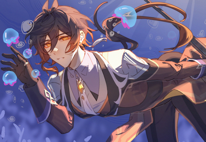 1boy, absurdres, bubble, earrings, genshin_impact, highres, jellyfish, jewelry
