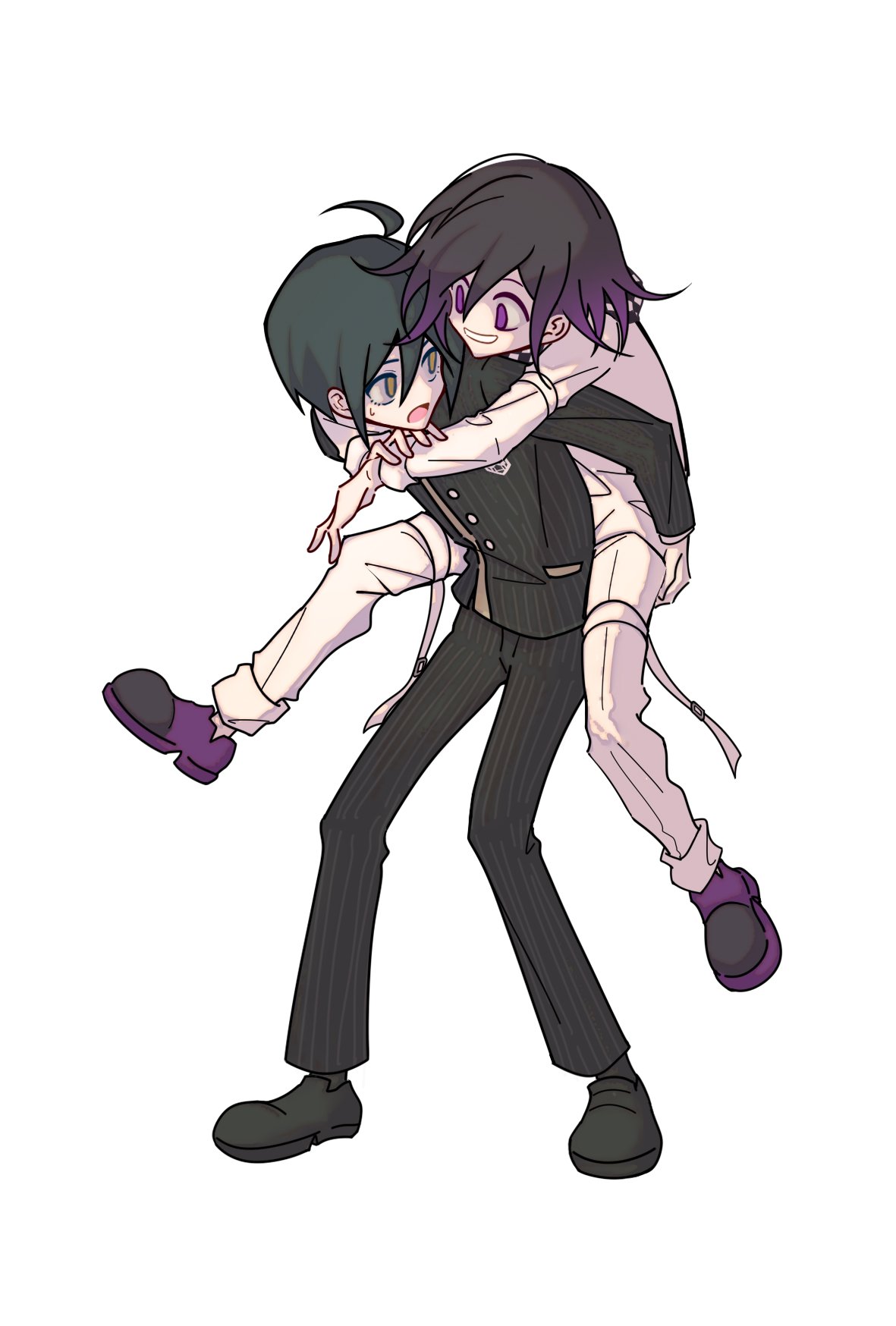 2boys, black_footwear, black_hair, black_jacket, black_pants, buttons, carrying, danganronpa_(series), danganronpa_v3:_killing_harmony, grin, hair_between_eyes, highres, hoge, jacket, long_sleeves, looking_at_another, looking_back, male_focus, multicolored_hair, multiple_boys, oma_kokichi, pale_skin, pants, piggyback, purple_footwear, purple_hair, saihara_shuichi, shoes, smile, striped, striped_jacket, striped_pants, teeth, two-tone_hair, white_jacket, white_pants, xia_nu_xiao_fang