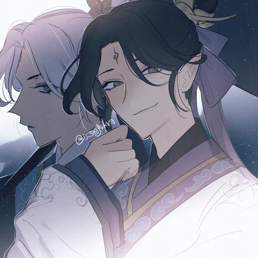 2boys, absurdres, black_hair, black_robe, chinese_clothes, closed_mouth, expressionless, eyeshadow, facial_mark, fan_wujiu, fan_wujiu_(master_yin_yang), film_grain, forehead_mark, grey_eyeshadow, hair_bun, hair_ribbon, hanaon, hand_to_own_mouth, highres, identity_v, looking_at_viewer, looking_to_the_side, makeup, male_focus, multiple_boys, official_alternate_costume, oil-paper_umbrella, parted_lips, pointy_ears, profile, purple_ribbon, ribbon, robe, sideways_glance, single_hair_bun, smile, umbrella, upper_body, white_hair, white_robe, xiao_guan_(headdress), xie_bian, xie_bian_(master_yin_yang)