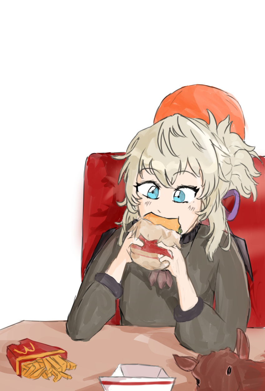 absurdres, blonde_hair, blood, blue_eyes, bow, burger, chair, deer
