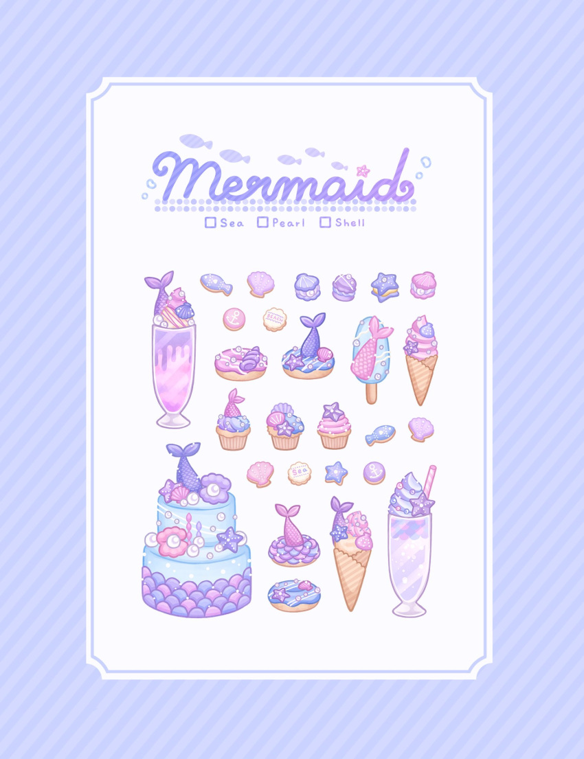 ari_(oonmnmooo), blue_border, border, cake, commentary, cookie, cup, cupcake