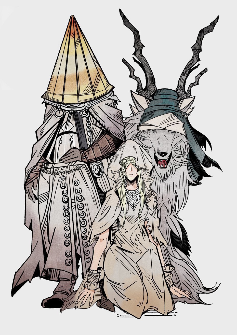 1boy, 1girl, alfred_(bloodborne), antlers, bandages, bandages_over_eyes, blonde_hair, bloodborne