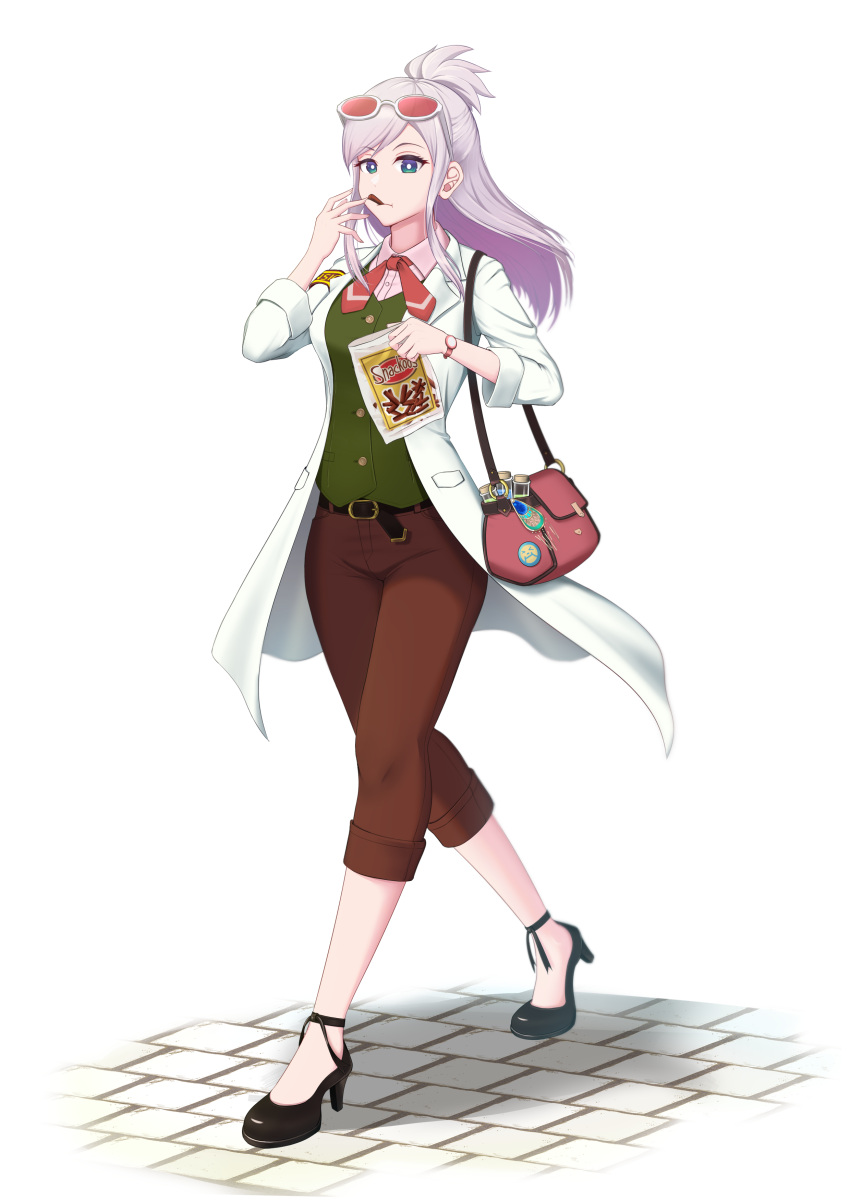 1girl, absurdres, ace_attorney, apollo_justice:_ace_attorney, armband, bag, belt, black_belt, black_footwear, breasts, brick_road, bright_pupils, brown_pants, collared_shirt, commission, cosplay, ema_skye, ema_skye_(cosplay), eyewear_on_head, food_in_mouth, girarikyo, green_eyes, green_vest, grey_hair, handbag, high_heels, highres, hololive, hololive_indonesia, lab_coat, long_hair, neckerchief, pants, pavolia_reine, pink_bag, pink_shirt, red_neckerchief, shirt, solo, test_tube, vest, virtual_youtuber, watch, watch, white_pupils